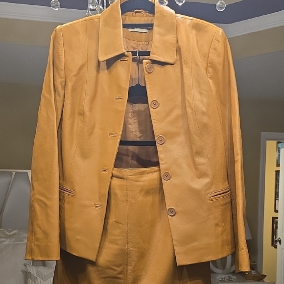 Lord & Taylor Tan Leather Jacket and Skirt - Picture 2 of 14